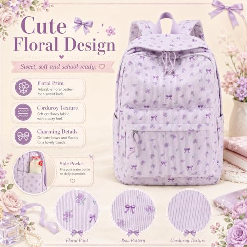 LEDAOU School Backpack for Teen Girls Elementary Middle School Bookbag Kids Backpacks Women Laptop Backpack Travel Daypack (Flower Bow - Purple) - color: Flower Bow - Purple