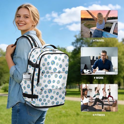 Travel Backpack with Shoe Compartment, 20L Large Capacity Laptop Backpack for Men Women, Blue Daisies Daypack for Traveling Hiking Carry On