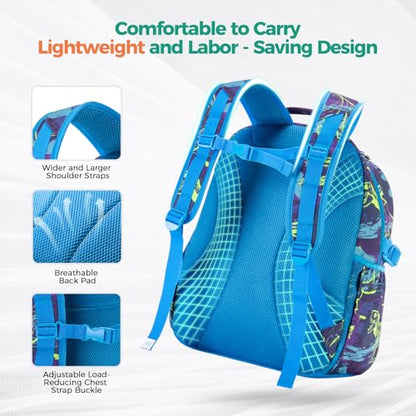 Choco Mocha Dinosaur Backpack for Kids Boys, Elementary School Backpack for Boys Ages 6-8 Kids Bookbag 17 Inch with Chest Strap, Blue - color: Dinosaur-bright Blue