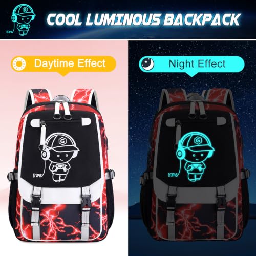 Bevalsa Backpack for Boys, Cool Luminous Boys Backpack with Sling Bag, Lunch Box & Pen Case, School Bags for Kids Children Teens Elementary Middle Schools, Bookbag Glow In The Dark (Red Lightning) - color: Red Lightning
