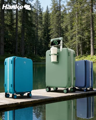 Hanke 20 Inch Top Opening Carry On Luggage with Cup Holder, Hard Shell Suitcase with Spinner Wheels, USB Ports, TSA Lock Aluminum Frame, Dry Wet Separation & Removable Divider, Interstellar Blue - color: Interstellar Blue, size: 20 Inch Pro