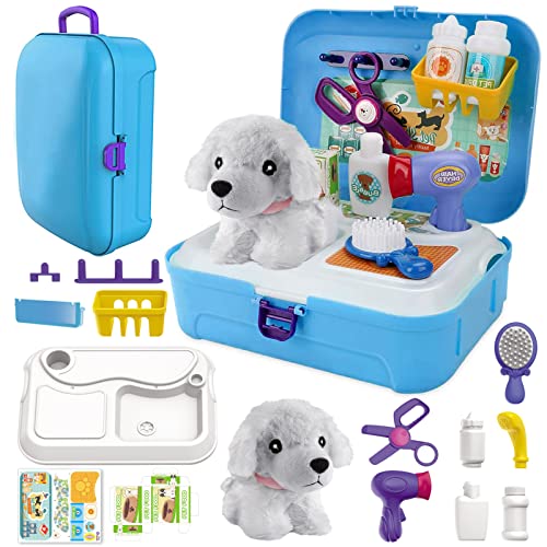 TEUVO Pet Care Playset, 16Pcs Kids Doctor Kit with Plush Dog & Backpack for Dog Grooming & Feeding, Pet Doctor Pretend Play Toys for 3 4 5 6 7 Years Old Girls Boys Birthday - color: Blue