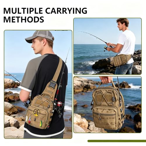 Fishing Backpack Small Fishing Tackle Storage Bag with 3 Methods of Carrying Large Capacity Sling Backpack for Outdoor Hiking Travel Hunting (Khaki) - color: Khaki