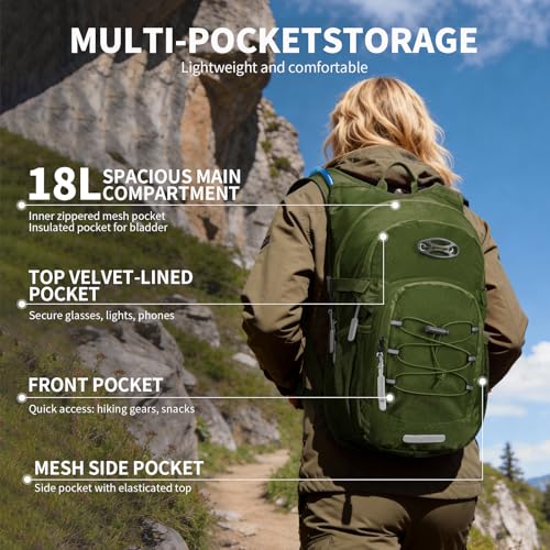 KABAQOO Hydration Backpack, 18L Multipurpose Hiking Backpack with 3L Water Bladder, Water Backpack Insulated Hydration Pack Ideal for Hiking and Cycling - color: Army Green