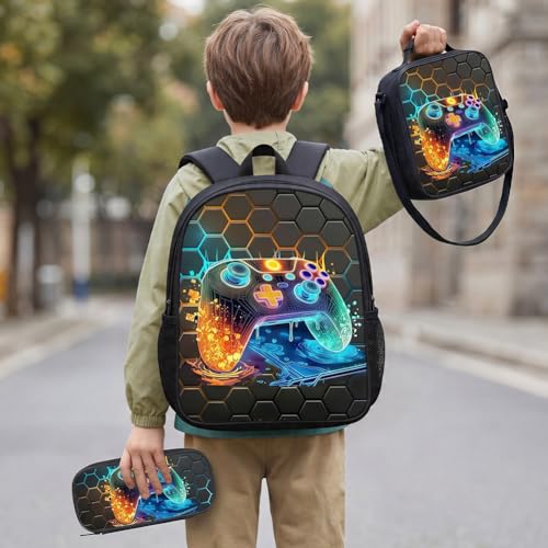 3-Pieces Backpack Set, Themed Backpack for Game Controller – Multifunctional Large Capacity Daypack with Lunch Bag & Case for Daily Life - style: Game Controller