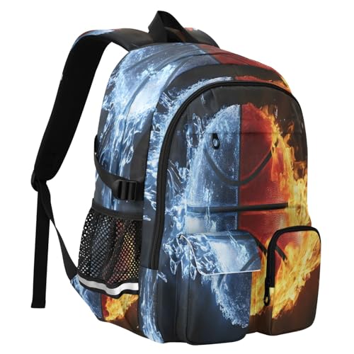 Bolaz Basketball Water and Fire Travel Backpack 14 Inch Laptop Computer Bag Sturdy School Bag College Bookbag