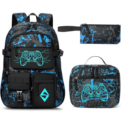 Fimibuke Backpack for School Boys, 3 PCS Cool Luminous Kids Backpacks with Lunch Box & Pencil Pouch, Toddler Teen Glow in The Dark Backpack Bookbag Schoolbag Set for Elementary to High School Students - color: Game