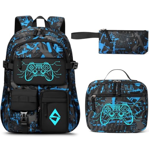 Fimibuke Backpack for School Boys, 3 PCS Cool Luminous Kids Backpacks with Lunch Box & Pencil Pouch, Toddler Teen Glow in The Dark Backpack Bookbag Schoolbag Set for Elementary to High School Students - color: Game