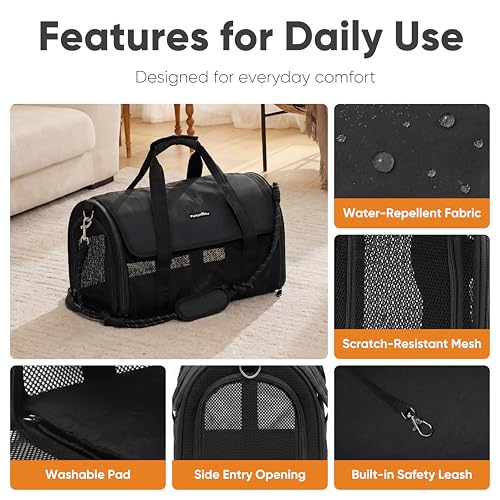 FUKUMARU Cat Carrier, Light & Airy Pet Carrier, 18x11x11 Airline Approved Dog Carrier for Small Dogs, 2-in-1 Shoulder Strap Leash, Collapsible Soft Cat Travel Carrier with Anti-Scratch Mesh, Black - color: Black