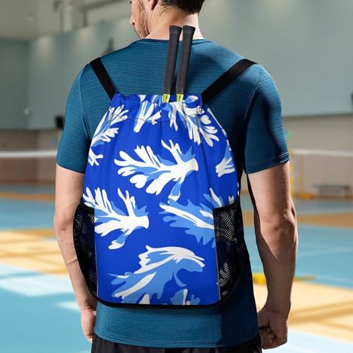 Drawstring Gym Backpack with Shoe Compartment And Wet Pocket, 28L Lightweight Waterproof Blue Celery Pattern Sports Backpack for Workout Swim Beach Travel String Bag for Men Women