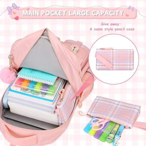 MOONBABY Girls Backpack, Kids Backpack for Girls School Bags with Lunch Bag & Pen Case, Bow Plaid Book Bag for Elementary Middle Primary High School College,Pink-3pcs - color: Pink Set
