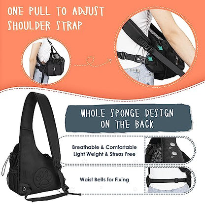 SlowTon Pet Dog Sling Carrier, Hands Free Hard Bottom Papoose Small Animal Puppy Up to 6 lbs Travel Bag Tote Breathable Mesh Support Adjustable Padded Strap Pocket Safety Belt(Widened Black) - color: Black