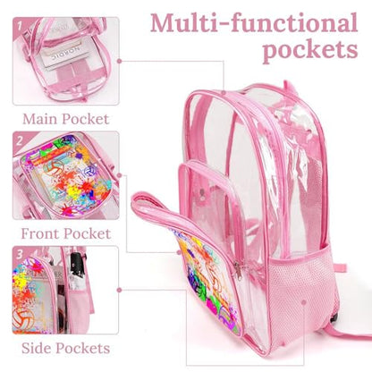 Custom Volleyball Clear Backpack Heavy Duty for Girls Kids Boys | Large Cool PVC Volleyball Theme Printing Transparent Backpacks for Schools Stadium Concerts Work - Clear/Pink - color: Volleyball Clear Backpack 1 Pink With Front Pocket Custom