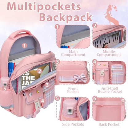Alrisg Girls School Backpack Preppy Plaid Bookbag Lightweight Backpack for Girls Elementary Middle School Bow Pink Set - color: Pink, size: 17in Set