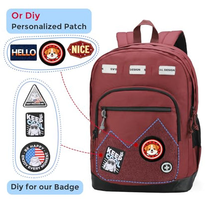 Swissdigital Design Big Student Laptop Backpack with Fun Personalized Patches For College Boy & Girl, Middle High School Teen Bookbag Cool Travel Daypack Burgundy - Includes 3 Patches | SD1718-44 - color: Burgundy