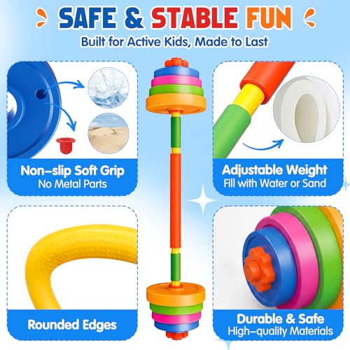 5-in-1 Kids Weight Set – Adjustable Fillable Toddler Weights Gym Set with Dumbbell, Barbell, Kettlebell, Ring Toss, Push-up – Kids Workout Equipment Children Beginner Home Gym Pretend Play Exercise