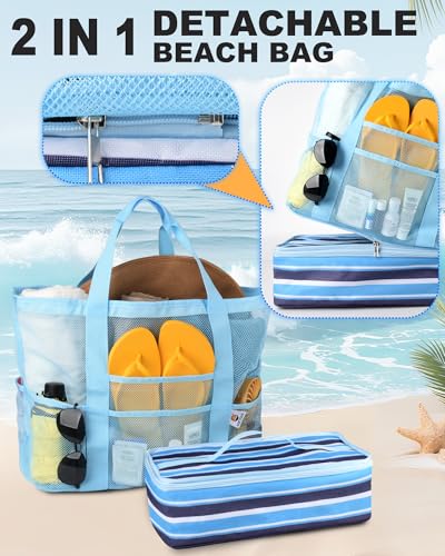 CaCTOUR Beach Bag with Cooler Compartment,Mesh Beach Bag Dry Wet Detachable with Zipper Pockets,Waterproof Sandproof Pool Bag - color: Blue