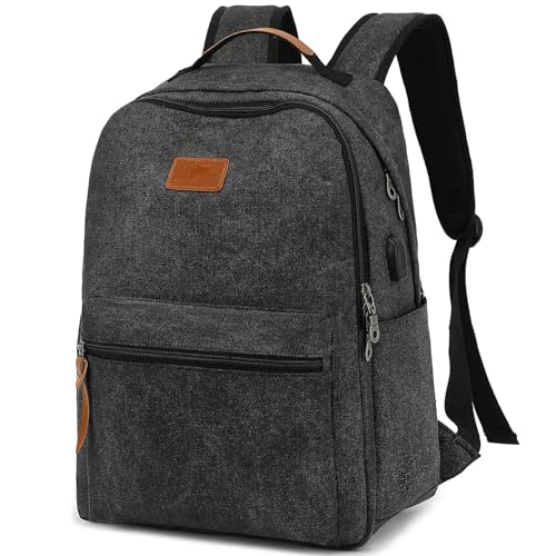 Waterproof Canvas Backpack USB Charging Port– Fits 15.6" Laptop, Black | Vintage Casual Daypack for College Students, Men & Women, Travel Work, Durable Bookbag - color: Black