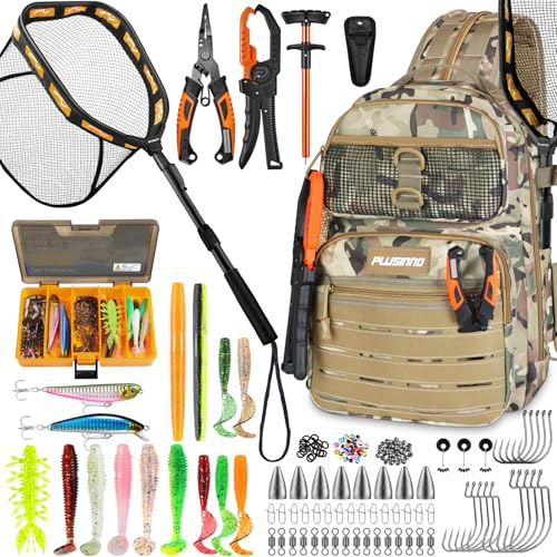 PLUSINNO Fishing Backpack with Fishing Gear Fishing Net, Waterproof Tackle Backpack with Rod Holders, Tackle Box, Lures, Tools, Pliers & Accessories, Fish Gifts for Men - color: Khaki Backpack With Net