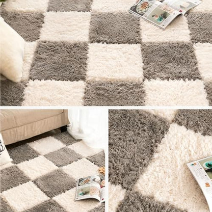 Thickened Plush Foam Interlocking Floor Carpet Mat,24 Piece 12x12in Fluffy Square Puzzle Foam Carpet Tiles with Edgings,Soft Anti-Slip Shaggy Area Rug Playmat(Color:Grey+White) - color: Grey+white