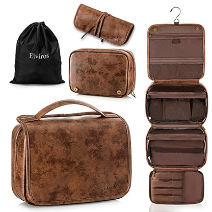 Elviros Hanging Toiletry Bag Removable Travel Bag PU leather Makeup Cosmetic Organizer Kit, Dark Brown - color: Dark Brown