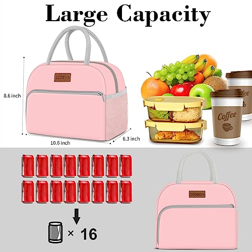 Coobiiya Lunch Bag for Women Men, Insulated Reusable Picnic Bag, 10.8"L x 6.3"W x 8.85"H, Pink - color: Pink