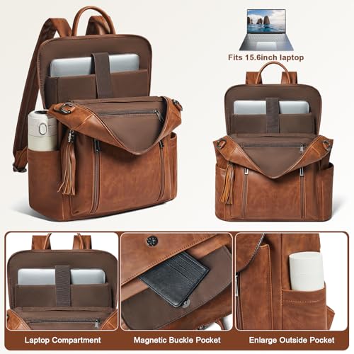 Shrrie Laptop Backpack for Women 15.6 inch,Travel Leather Backpack Purse Nurse Teacher Carry on Backpack Computer Bag,Professional Water-Resistant College Business Work Casual Daypack,Brown - color: Crazy Horse Brown02