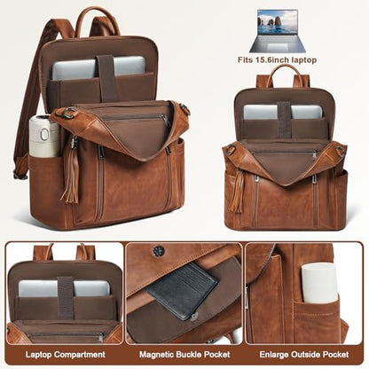 Shrrie Laptop Backpack for Women 15.6 inch,Travel Leather Backpack Purse Nurse Teacher Carry on Backpack Computer Bag,Professional Water-Resistant College Business Work Casual Daypack,Brown - color: Crazy Horse Brown02