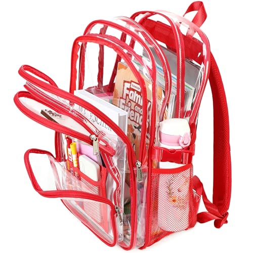 abshoo Large Heavy Duty Clear Backpack For School Bookbag Transparent Multi Pocket Backpacks (Red) - color: Red