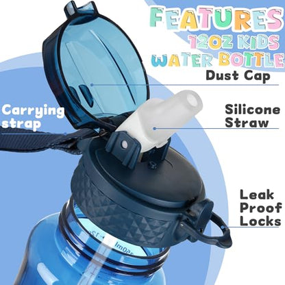 OLDLEY 12oz Kids Water Bottle, Tritan BPA-Free, Leakproof Flip Straw Lid, Motivational Time Marker, Carry Strap, Reusable Clear Water Bottle for Boys & Girls,Slate Blue - color: Slate Blue, style: 12 Ounces