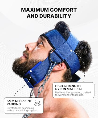 DMoose Fitness Neck Harness for Weight Lifting - Soft Padded Head & Chin Strap with 30" Heavy Duty Steel Chain - Neck Exerciser, Trainer & Strengthener to Support Injury Recovery and Intense Workouts - color: Blue
