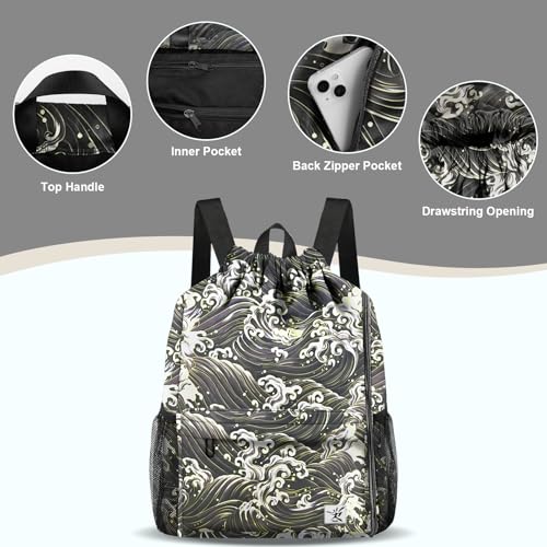 Drawstring Backpack with Mesh Pockets String Gym Bag Sackpack Sandproof Water Resistant Beach Backpack for Men Women - color: Black Waves
