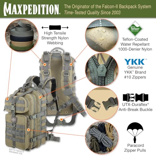 MAXPEDITION Falcon-II Backpack, 23L Tactical Backpack, Survival Pack, Bug Out Bag, MOLLE Go Bag for EDC, 0513 - color: Khaki/Foliage Green