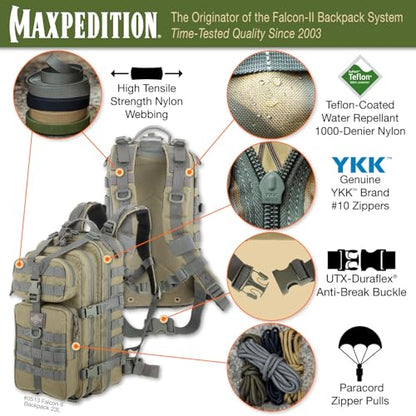 MAXPEDITION Falcon-II Backpack, 23L Tactical Backpack, Survival Pack, Bug Out Bag, MOLLE Go Bag for EDC, 0513 - color: Khaki/Foliage Green