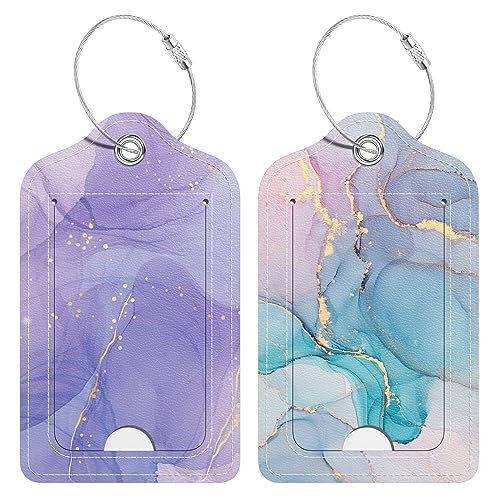 2 Pack PU Leather Luggage Tags for Suitcase, Travel Cruise Luggage Tag with Privacy Flap, Name ID Label and Metal Loop for Women Men Baggage Handbag School Bag Backpack, Colorful Marble - color: Colorful Marble, size: 2 Pack