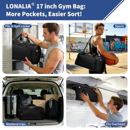 30L Gym Sport Duffle Bag - 17 inch Carry on Weekender Overnight Bag for Travel, Workout, Fitness (Black-30L) - color: Black