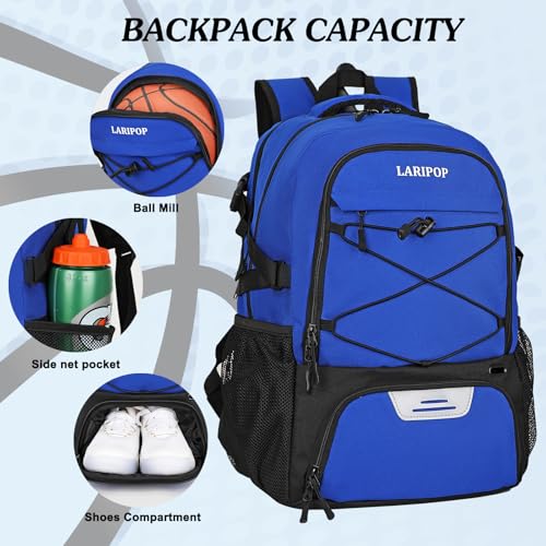 LARIPOP Basketball Backpack Large Basketball Bag with Ball Holder & Shoe Compartment for Adults Men Women - color: Blue