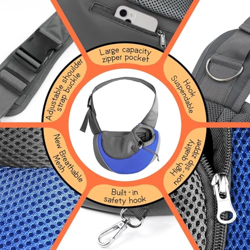 YUDODO Pet Sling Carrier for 5-9 lbs Small Dogs & Cats – Hands-Free Puppy Carrier with Safety Hook, Large Zipper Pocket, Soft Breathable Mesh, Adjustable Strap & Reflective Strip (Blue 1.0 M) - color: Blue 1.0 Basic (Zipper Pocket), size: Medium (4.5-9lbs