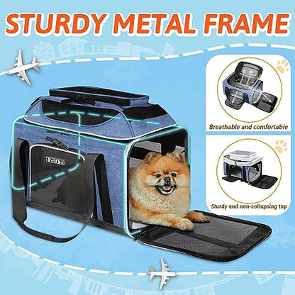 Petskd Top-Expandable Pet Carrier 18x11x11 Inches Delta American United Airline Approved, Soft-Sided Carrier for Small Cats and Dogs with Locking Safety Zippers and Anti-Scratch Mesh(Blue) - color: Blue, size: 18.0"L x 11.0"W x 11.0"H