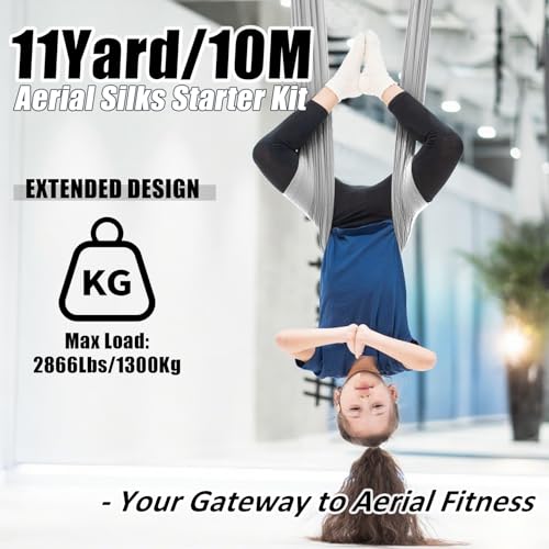 Aerial Silks Kit & Aerial Yoga Hammock - 11Yd Premium Fabric with Hardware - Easy Setup for Flying Yoga, Aerial Swing & Fitness - Supports Up to 14ft Rigging - color: Silver