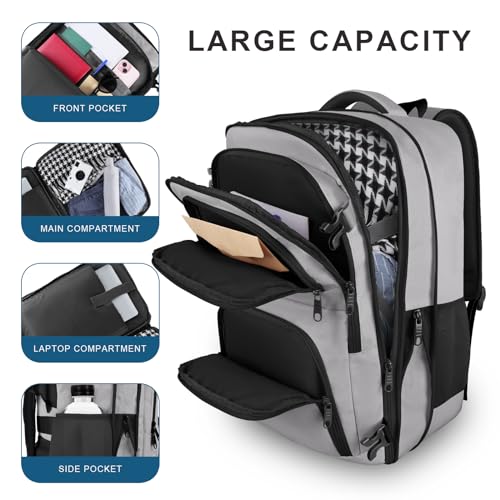 Large Travel Backpack, Laptop Backpack for women, Expandable 52L Carry On Backpack, Airline Approved Water Resistant Weekender 18.4 Inch Laptop Backpack, Business Computer Bag with USB Port, Grey - color: Grey