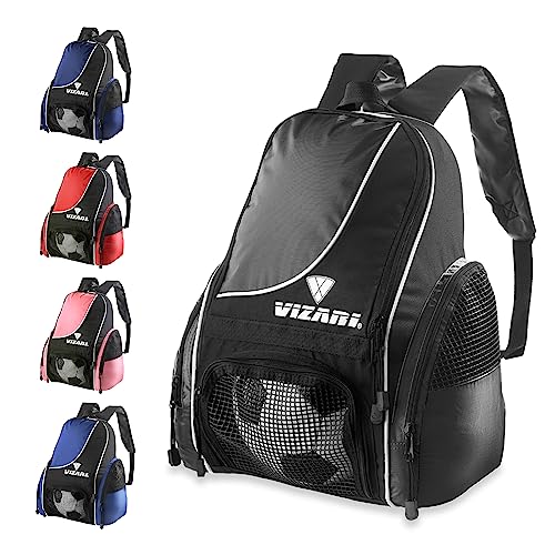 Vizari Solano Soccer Backpack With Ball Compartment and Vented Ball Pocket and Mesh Side Cargo Pockets for Adults and Teens - color: Black