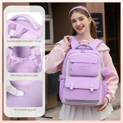 CYOQX 3PCS School Backpack for Girls with Lunch Box Teen Girl Backpack Set Elementary Middle High School Bag Cute Bookbags (Purple 3pcs) - color: Purple 3pcs