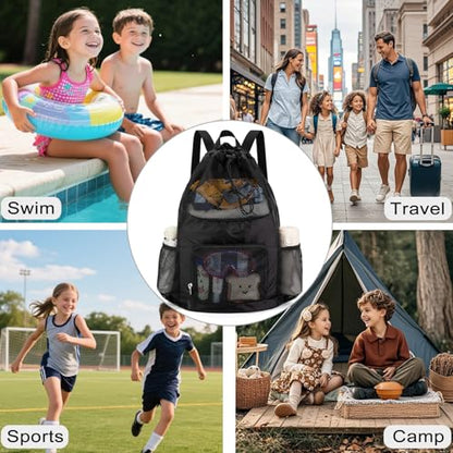 Swim Bag for Kids Mesh Beach Backpack for Boys Lightweight Drawstring Beach Bag Swimming Pool Sports Gym String Bag (Black) - color: All-Black