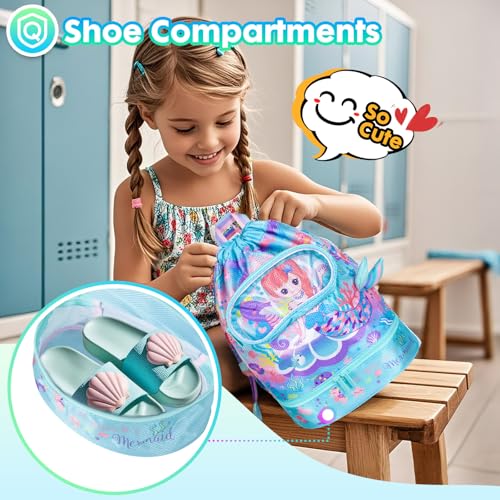 Drawstring Backpack for Kids Girls, Cute Cartoon Mermaid Waterproof Drawstring Bag String Swim Gym Sports Beach Bag with Shoes & Sunglasses Compartment and Wet Proof Pocket - color: J14. Mermaid