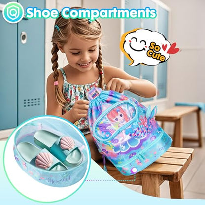 Drawstring Backpack for Kids Girls, Cute Cartoon Mermaid Waterproof Drawstring Bag String Swim Gym Sports Beach Bag with Shoes & Sunglasses Compartment and Wet Proof Pocket - color: J14. Mermaid