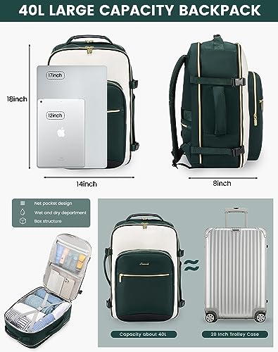 LOVEVOOK 40L Travel Backpack for Women & Men, Airline Approved Carry On Luggage with 3 Packing Cubes, TSA Overnight Bags, Waterproof Personal Item Bag, Weekender Essentials Backpacks fits 17" Laptop - color: Dark Green-beige-black, size: 17.3 Inch-40L-4Pc
