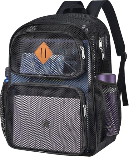 Mesh Backpack for School 34L Extra Large Heavy Duty Mesh Bookbag for Adults Boys Girls Semi-Transparent Net Back Pack with Laptop Pocket for College Beach Fitness Sport(Black) - color: Black, size: 34 liters