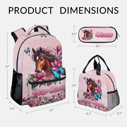 Mercuryelf Personalized Girls Backpack Horse 3PCS Kids Backpack Set with Lunch Bag & Pencil Case, 17 Inch School Bookbag for Elementary Kindergarten - color: Yellow