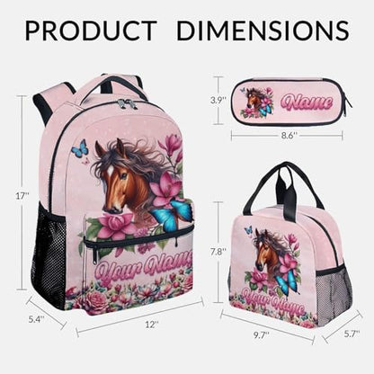Mercuryelf Personalized Girls Backpack Horse 3PCS Kids Backpack Set with Lunch Bag & Pencil Case, 17 Inch School Bookbag for Elementary Kindergarten - color: Yellow